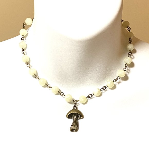 Natural Pale Green Serpentine Necklace, Bronze Slim Mushroom + Genuine Gemstone - Picture 2 of 14